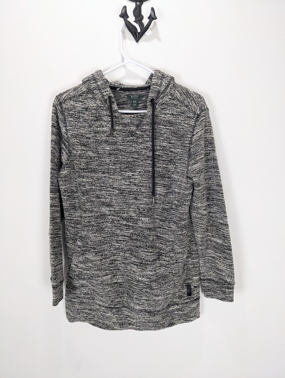 Roots Women's Hoodie Size Medium Black White Knit Textured Tweed